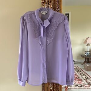 Vintage lilac dress blouse long sleeve ruffle neck tie scarf women’s size XL